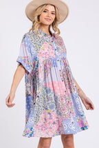 Pink Multicolor Floral Collared Neck Half Sleeve Mini Shirt Dress Feminine Floral Print Dress for Women