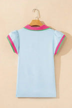Beau Blue Color Collared V Neck Ruffle Sleeve Blouse | Femstylo