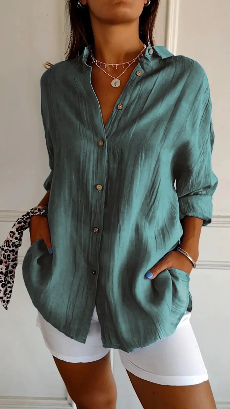Lapel Long Sleeve Shirt Women's Single-breasted Pleated Shirt Pi-Mart