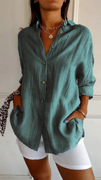 Lapel Long Sleeve Shirt Women's Single-breasted Pleated Shirt Pi-Mart