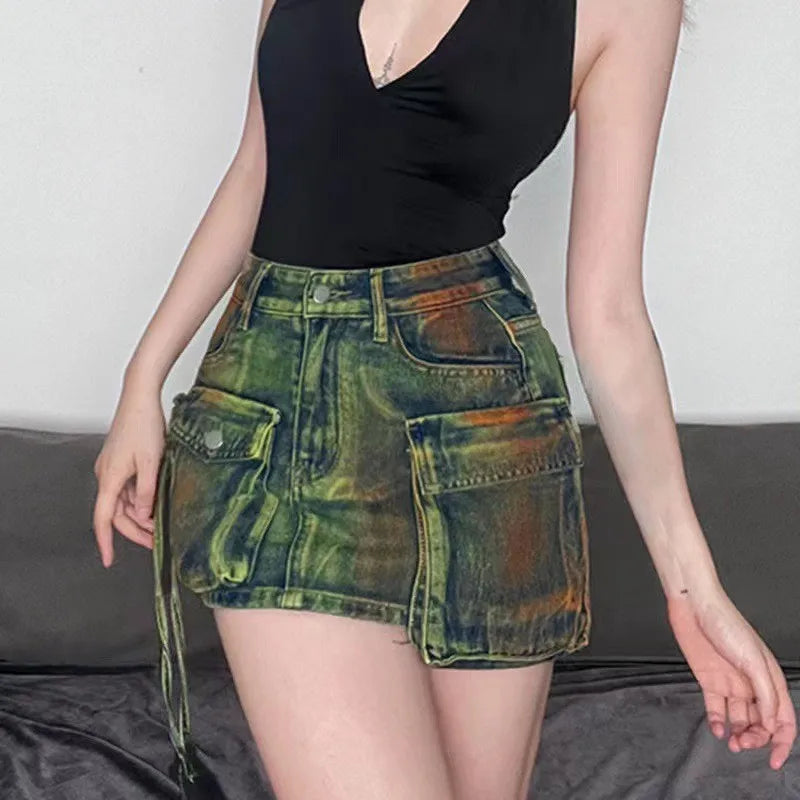 Make-old Three-dimensional Multi-pocket High Waist Denim Skirt. New Asymmetrical Casual A-line Mini Skirt for Women in Summer Purplish Diva