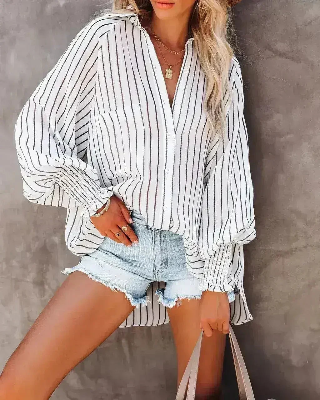 Spring And Autumn New Lapel Shirts Thin Mid Length Striped Casual Long - SJB-DIAMOND ELITES