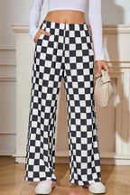 Black Checkered Print High Waist Wide Leg Pants