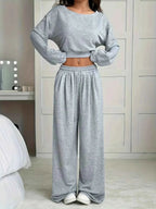 Full Size Boat Neck Crop Top & Wide Leg Pants Set Plus Size THRIXINE