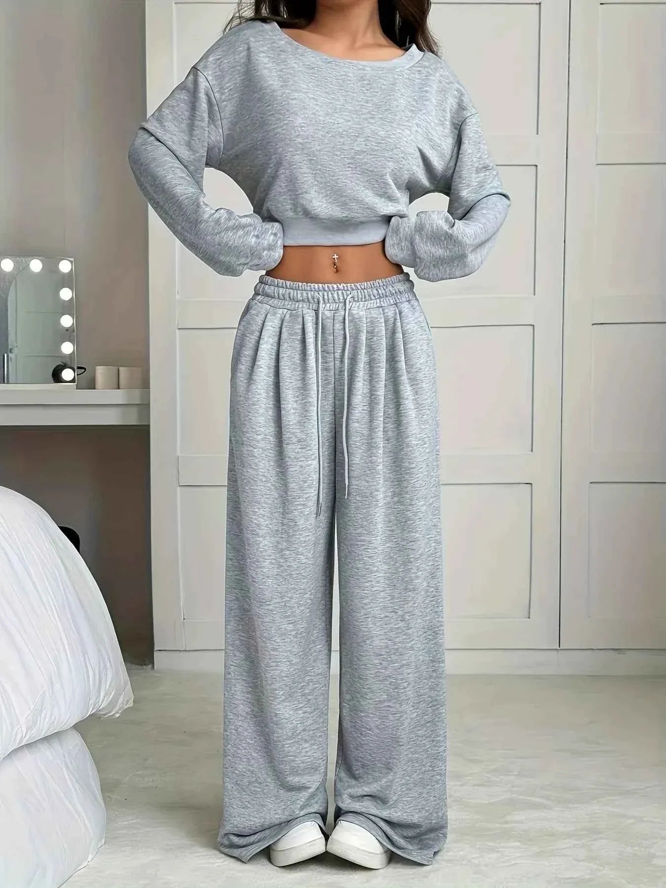 Full Size Boat Neck Crop Top & Wide Leg Pants Set Plus Size THRIXINE