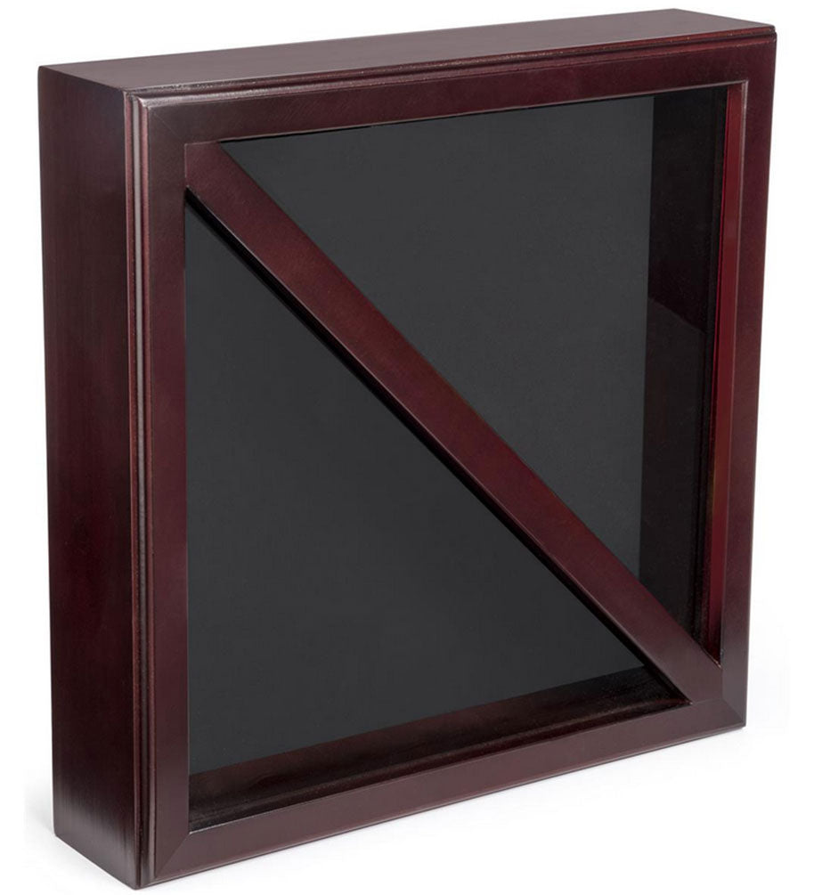 Wood Flag Case for (2) 5’ x 9.5’ Flags, Rear Loading, Glass Front - Mahogany The Military Gift Store