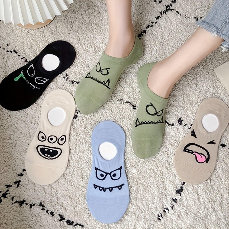 5 Pairs Cartoon Print Socks, Funny & Breathable Low Cut Ankle Socks, Women's Stockings & Hosiery Lootquake LLC