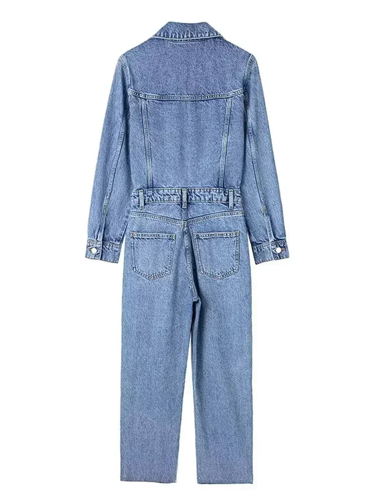 Autumn Denim Jumpsuit for Women Overalls Woman Jean Overalls Long Sleeve Elegant Jumpsuits Y2k Streetwear 2024 Turn Down Collar Purplish Diva