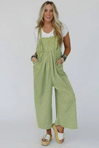 Green Gingham Wide Leg Pockets Loose Overall