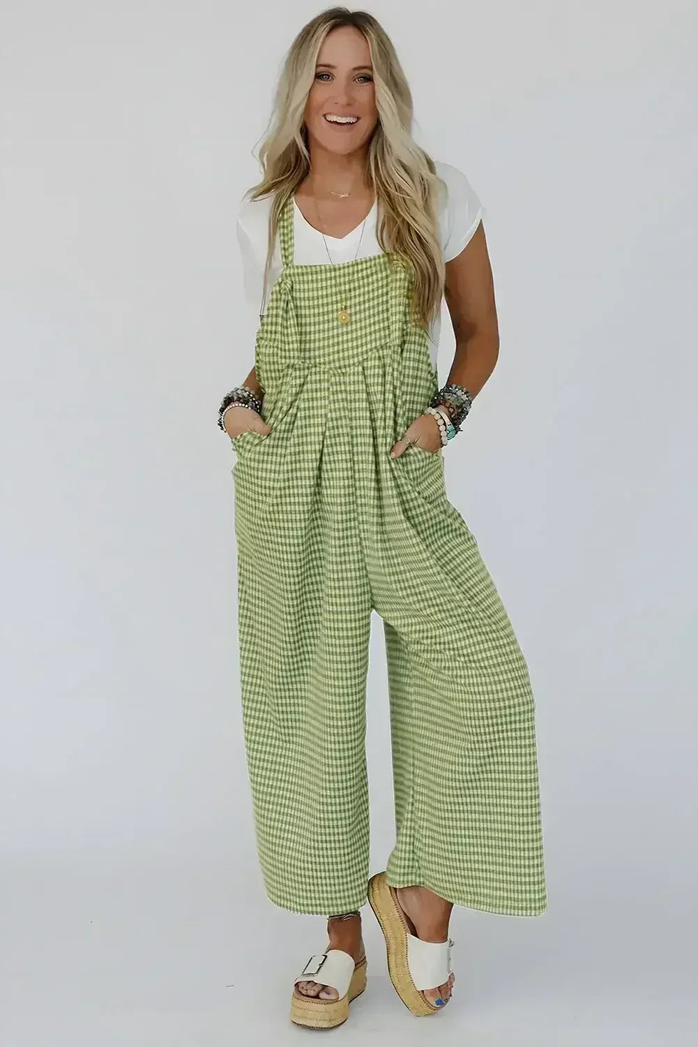 Green Gingham Wide Leg Pockets Loose Overall