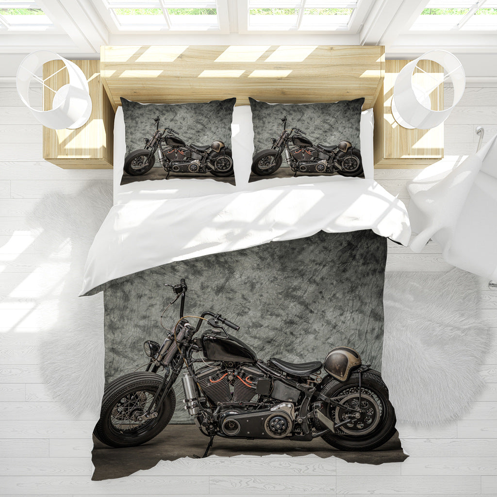Dark Retro Motorcycle Quilt Cover Three-piece Set Pi-Mart