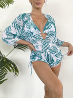 Island Bloom 3-Piece Bikini Set for Women – Tropical Leaf Print Fluttering Swimwear with Flattering Halter Neck Top High Waist Bottoms & Adjustable Drawstring Cover Up – Perfect for Koningsdag Celebrations & Summer Adventures