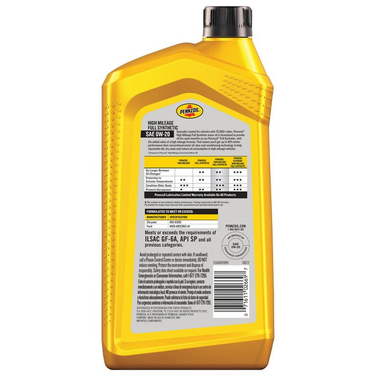 Pennzoil Full Synthetic High Mileage 0W-20 Motor Oil, 1 Quart EasyOptionXY LLC