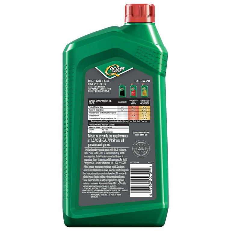 Quaker State Full Synthetic Dexos High Mileage 0W-20 Motor Oil, 1 Quart EasyOptionXY LLC