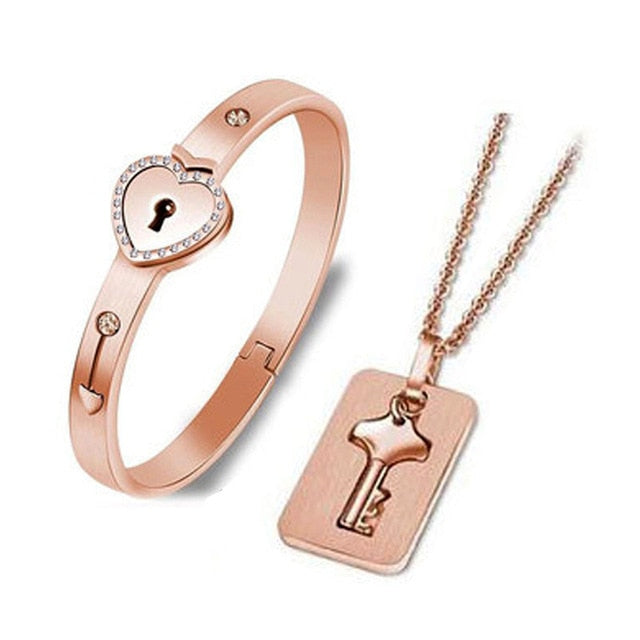 Stainless Steel Love Heart Lock Bangle Bracelet Pi-Mart