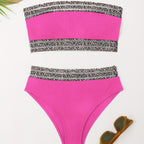 Bikini Leopard Print High Waist Bandeau 2 Piece Swimsuit for Women – Super Stretchy Bikini Set with Seductive Mesh Detail and Flattering Fit – Chic Animal Print Swimwear for Beachwear Poolside and Summer Vacations