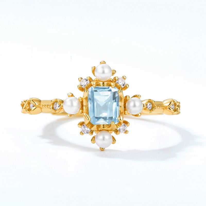 Japanese Light Luxury Natural Blue Topaz Geometric Ring