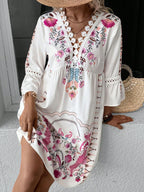 Exquisite Summer Feminine Lace Detail Printed Dress Chic Midi Lightweight Dress Stevvex