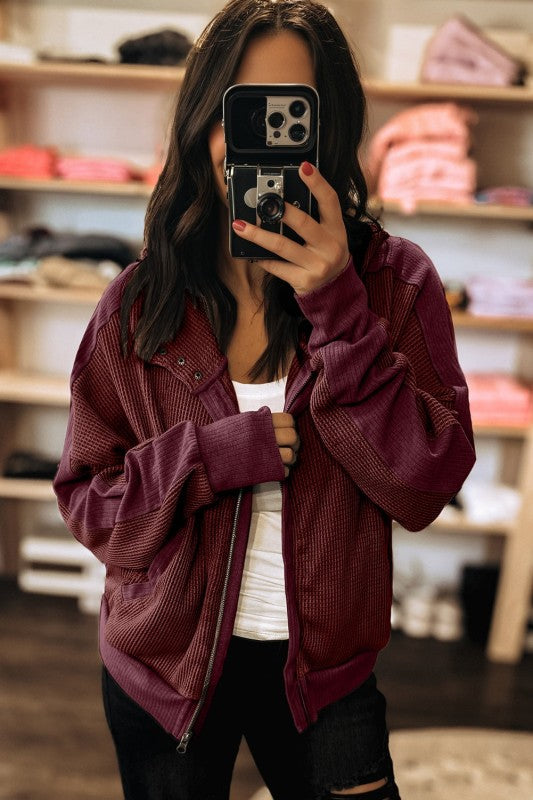 Waffle Zip Up Snap Button Hooded Jacket THRIXINE