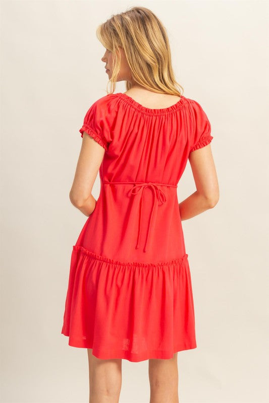 New Summer Ruched Frill Tiered Short Sleeve Mini Dress For Women – Playful, Sexy and Flirty Ruffled Mini Dress with Textured Ruched Detail Stevvex