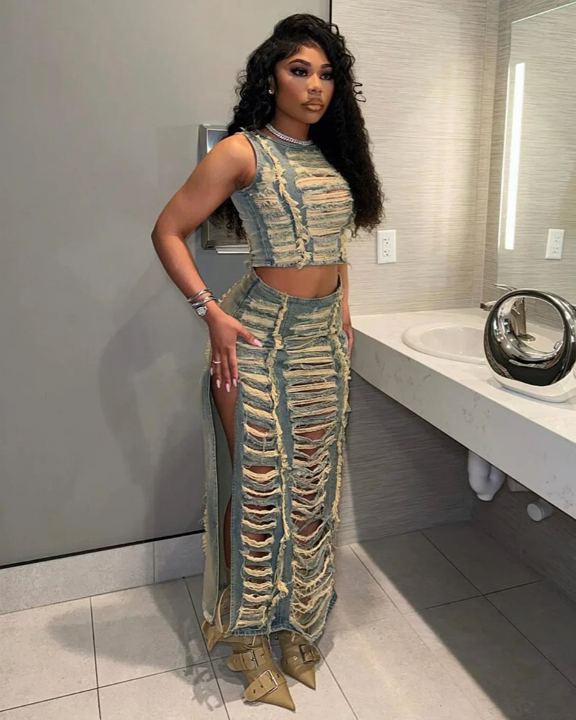 DSMTRC Women Sleeveless Crop Tank Tops and Split Side Maxi Skirt Streetwear Outfits Elegant Ripped Hole Denim Two 2 Piece Dress Purplish Diva