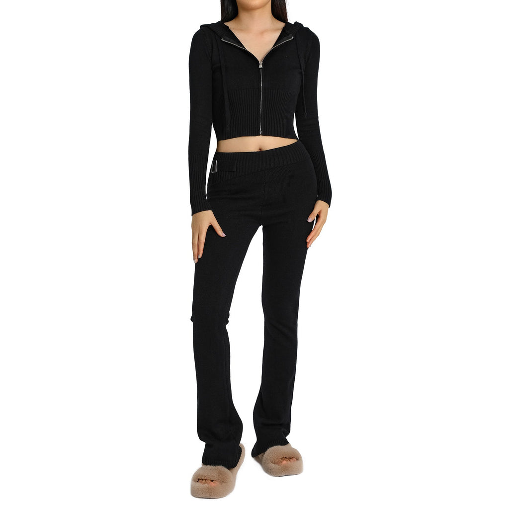 2pcs Knitted Hooded Suits Women's Long-sleeved Cardigan And High Waisted Trousers Clothing Pi-Mart