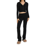 2pcs Knitted Hooded Suits Women's Long-sleeved Cardigan And High Waisted Trousers Clothing Pi-Mart