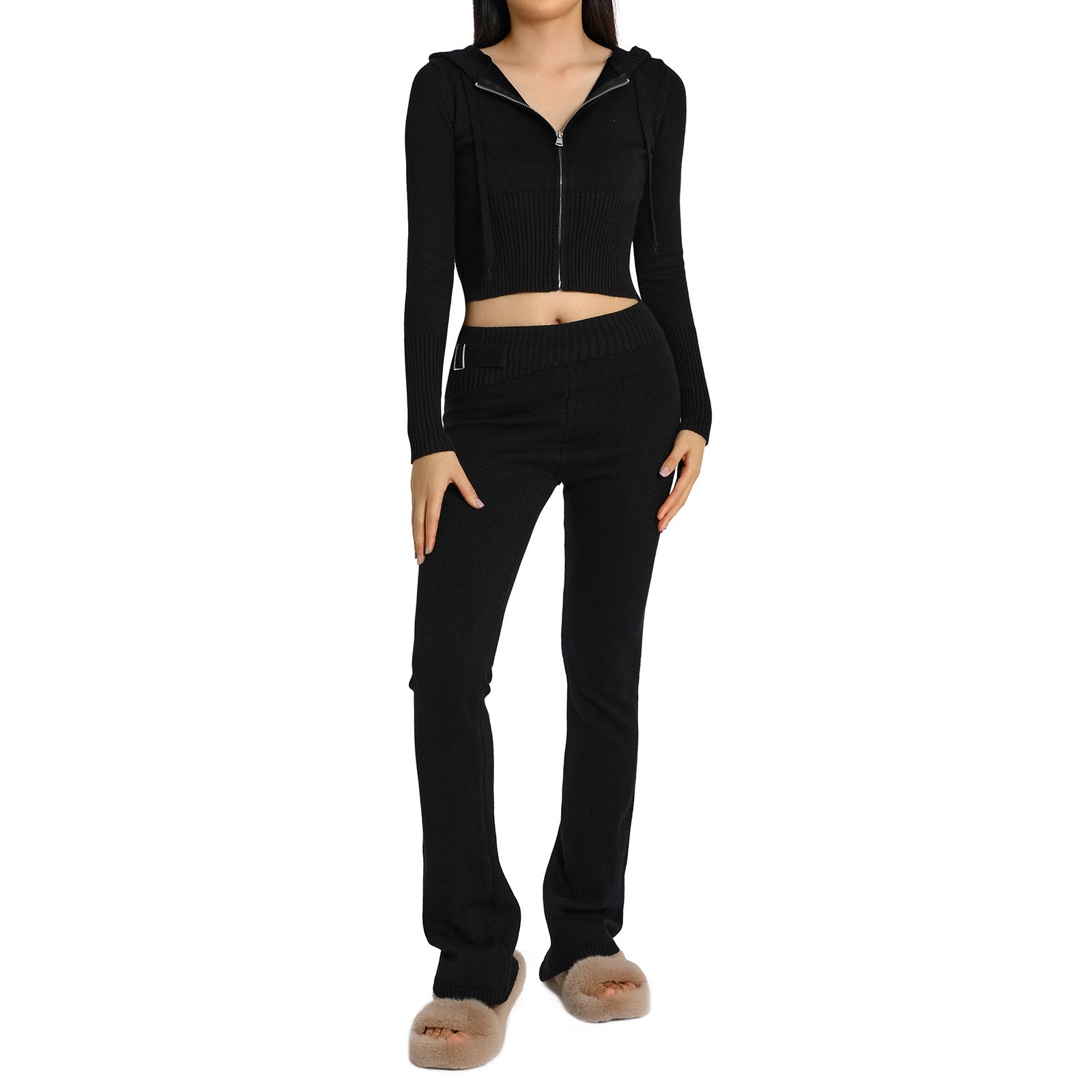 2pcs Knitted Hooded Suits Women's Long-sleeved Cardigan And High Waisted Trousers Clothing Pi-Mart