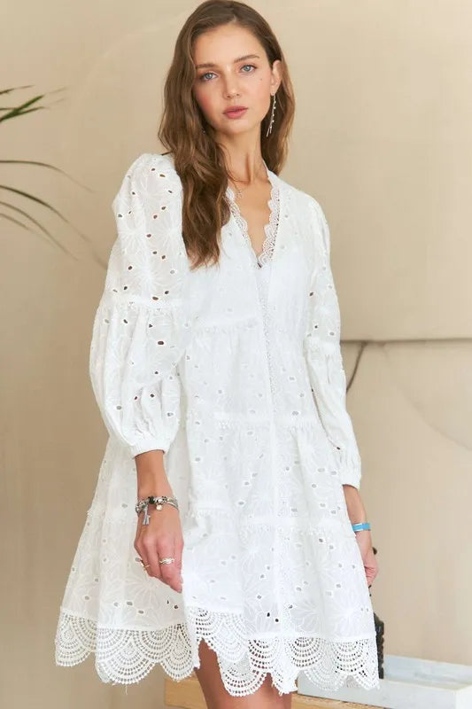 Lace Detail Tiered Eyelet V-Neck Babydoll Dress For Women – Feminine Boho Chic Dress, Fluttering, Elegant Lace & Eyelet Stevvex