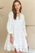 Lace Detail Tiered Eyelet V-Neck Babydoll Dress For Women – Feminine Boho Chic Dress, Fluttering, Elegant Lace & Eyelet Stevvex