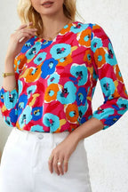 Floral Print V Neck Blouse - 3/4 Sleeve & Non-Stretch | Femstylo