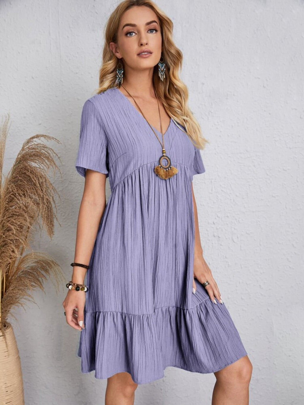 Classic Full Size V-Neck Short Sleeve Dress Casual & Comfortable Dress for Women Stevvex