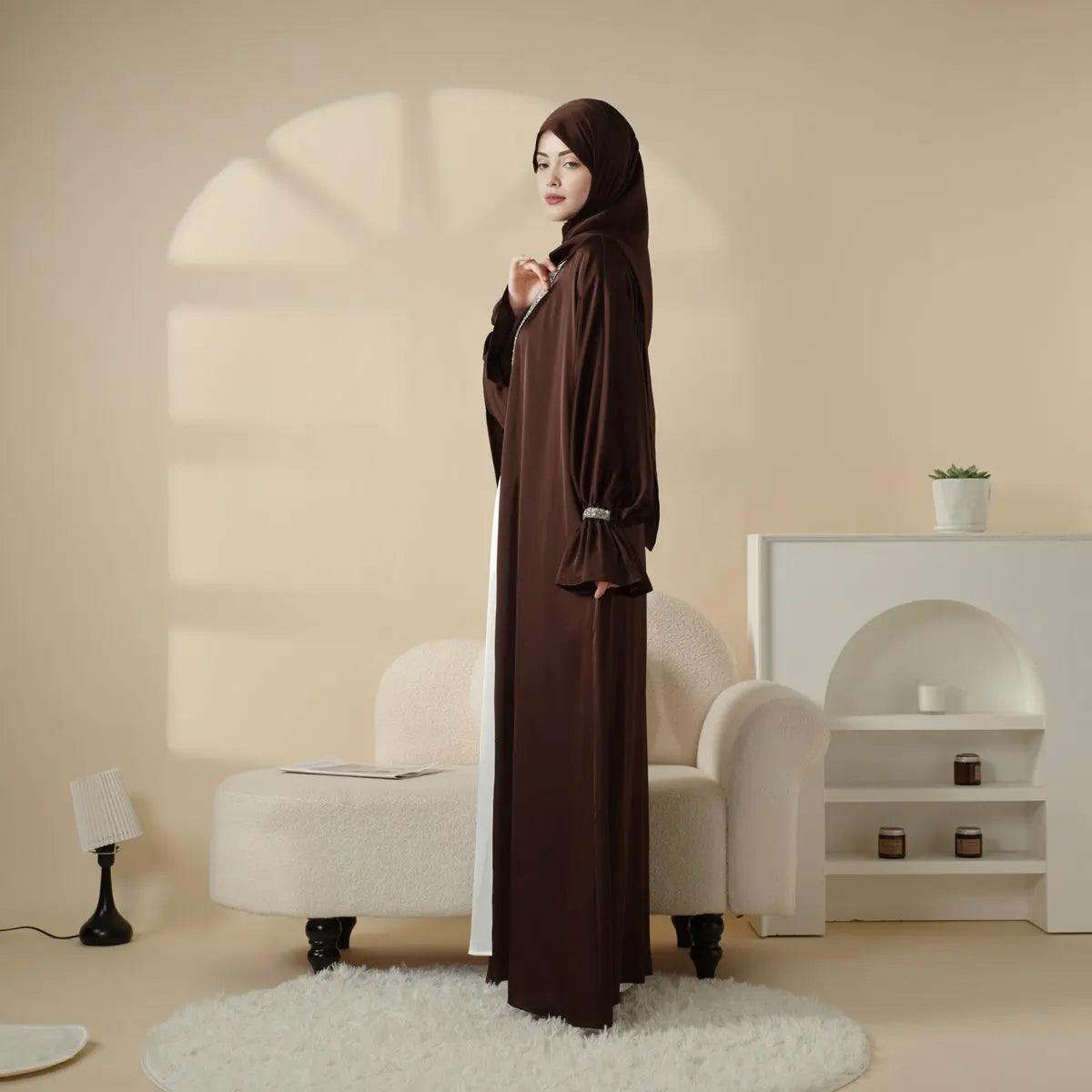 Poet Sleeve Satin Open Abaya With Matching Belt and Hijab (MOA009) Mariam's Collection