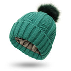 Fashion Stretchy Satin Lined Skull Knit Hats Beanie Hat For Women Faux Fur Pom Pom Hat Winter Keep Warming Beanie Hat Pi-Mart