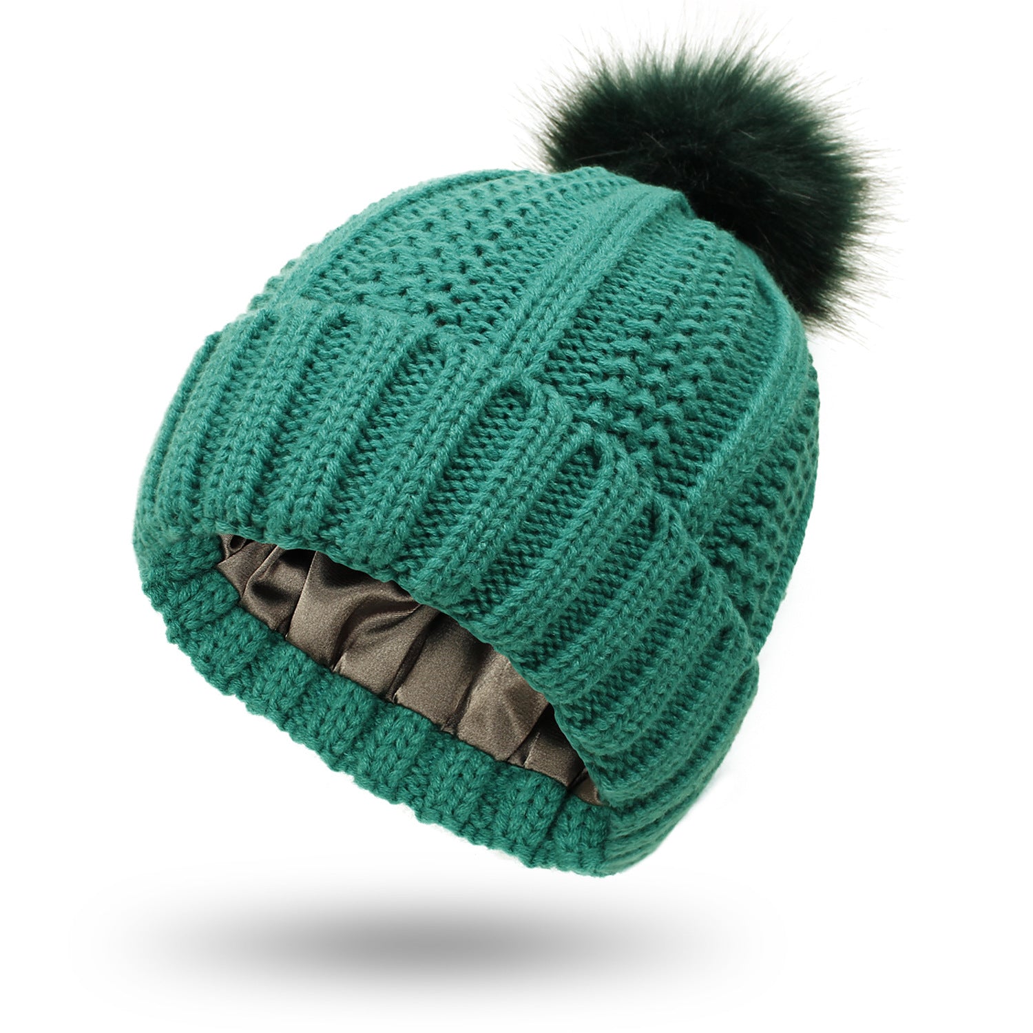 Fashion Stretchy Satin Lined Skull Knit Hats Beanie Hat For Women Faux Fur Pom Pom Hat Winter Keep Warming Beanie Hat Pi-Mart