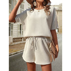 New Waffle Suit Women's Bat Sleeve Short-sleeved Crew-neck Top And Drawstring Design Shorts Fashion Two-piece Set Summer Clothing Pi-Mart