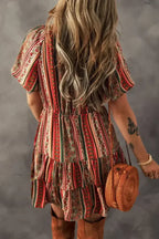 Red Bohemian Floral Print Buttoned V Neck Ruffle Tiered Dress