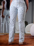 Plus Size Women's Beading Jeans High Waist Slim Casual Denim Pant Vintage Fashion 2025 Streetwear Straight Jeans Trousers Purplish Diva