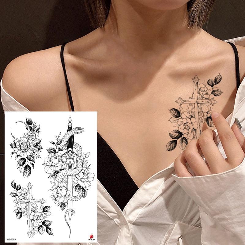 49 Sheets Waterproof Temporary Black Sketches Flowers Tattoo Stickers Flower Rose Tattoos For Women Adults Stevvex