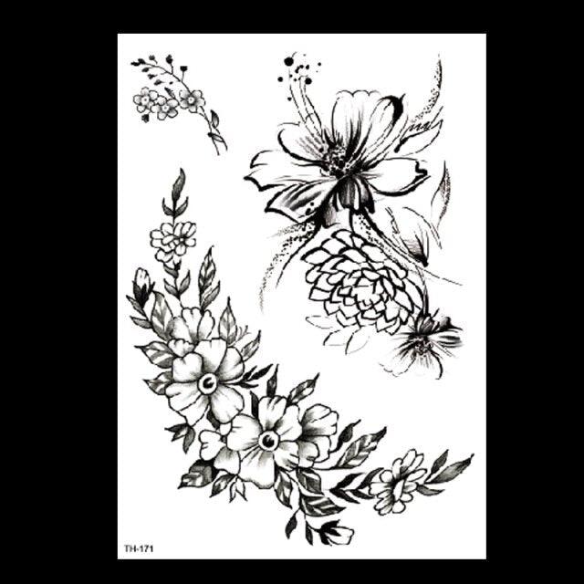 49 Sheets Waterproof Temporary Black Sketches Flowers Tattoo Stickers Flower Rose Tattoos For Women Adults Stevvex