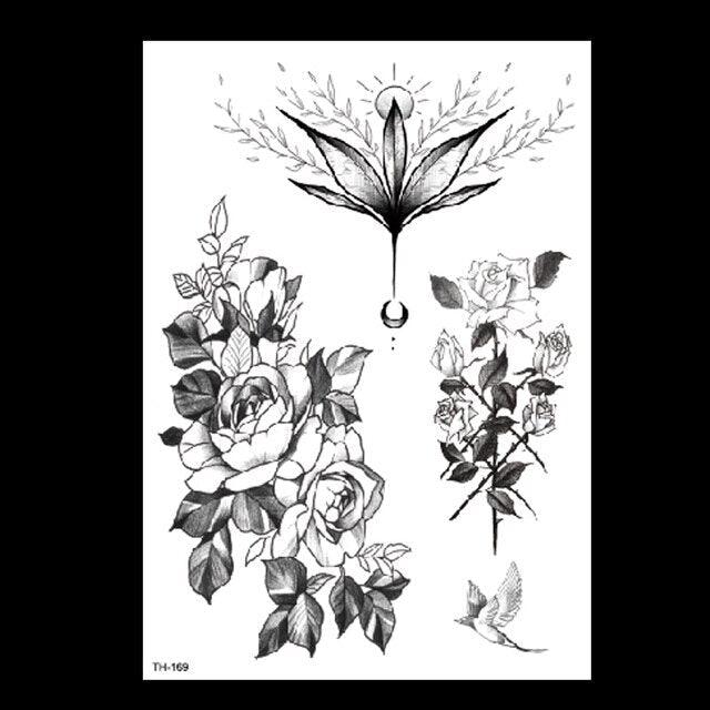 49 Sheets Waterproof Temporary Black Sketches Flowers Tattoo Stickers Flower Rose Tattoos For Women Adults Stevvex