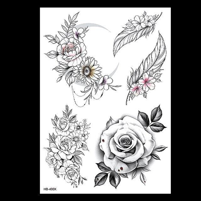 49 Sheets Waterproof Temporary Black Sketches Flowers Tattoo Stickers Flower Rose Tattoos For Women Adults Stevvex