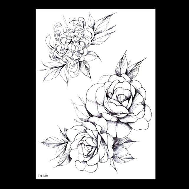 49 Sheets Waterproof Temporary Black Sketches Flowers Tattoo Stickers Flower Rose Tattoos For Women Adults Stevvex