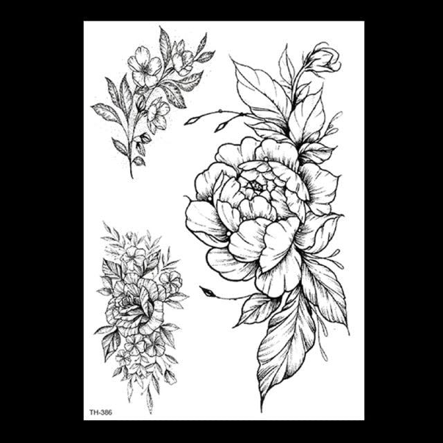 49 Sheets Waterproof Temporary Black Sketches Flowers Tattoo Stickers Flower Rose Tattoos For Women Adults Stevvex