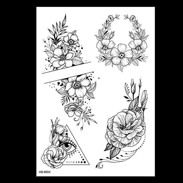 49 Sheets Waterproof Temporary Black Sketches Flowers Tattoo Stickers Flower Rose Tattoos For Women Adults Stevvex