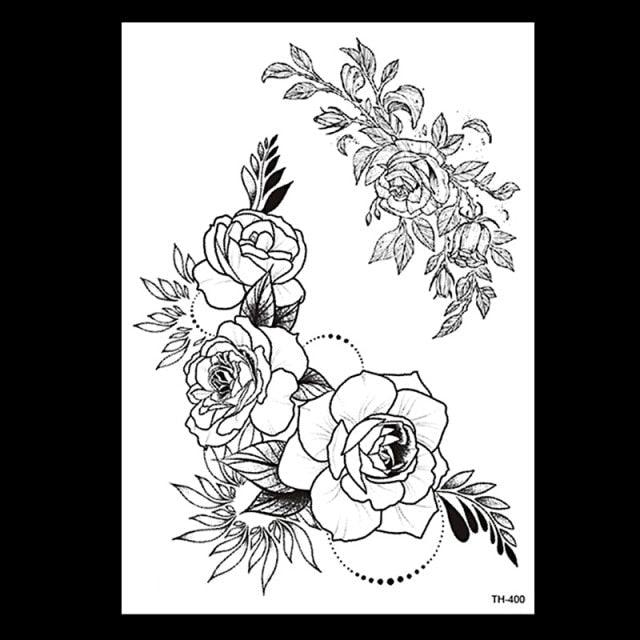 49 Sheets Waterproof Temporary Black Sketches Flowers Tattoo Stickers Flower Rose Tattoos For Women Adults Stevvex