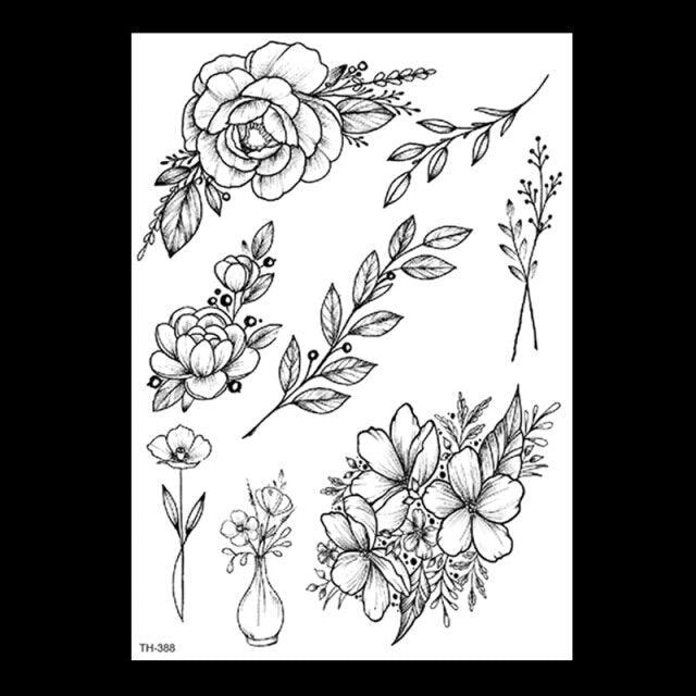 49 Sheets Waterproof Temporary Black Sketches Flowers Tattoo Stickers Flower Rose Tattoos For Women Adults Stevvex