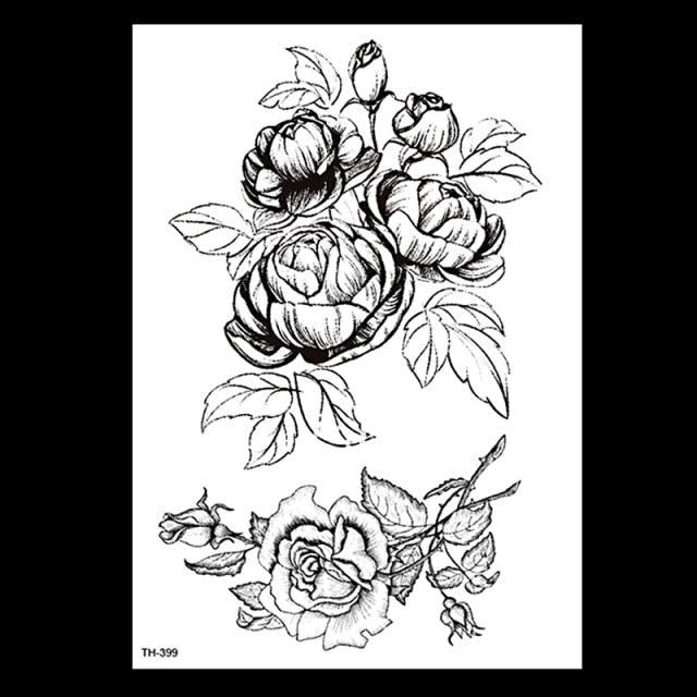 49 Sheets Waterproof Temporary Black Sketches Flowers Tattoo Stickers Flower Rose Tattoos For Women Adults Stevvex