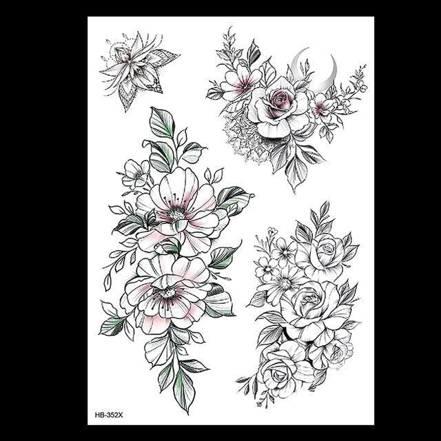 49 Sheets Waterproof Temporary Black Sketches Flowers Tattoo Stickers Flower Rose Tattoos For Women Adults Stevvex