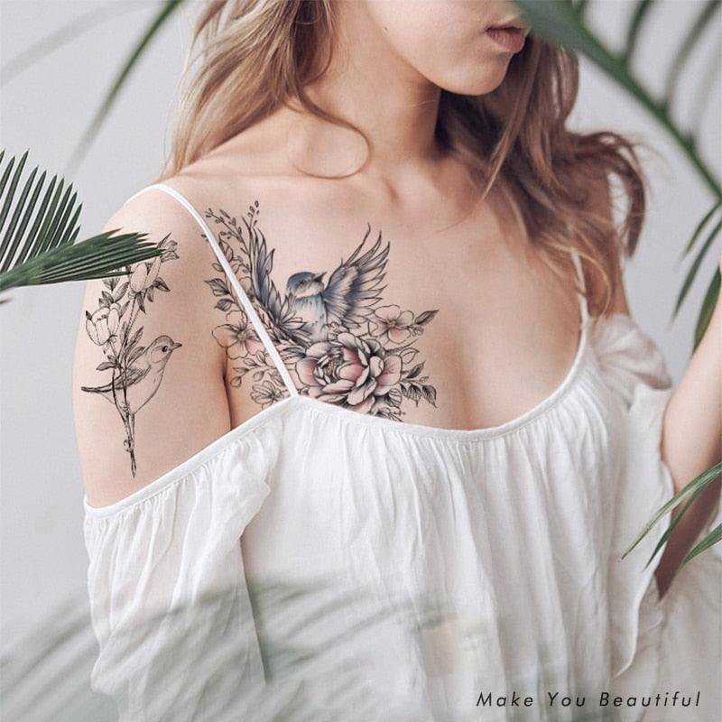 49 Sheets Waterproof Temporary Black Sketches Flowers Tattoo Stickers Flower Rose Tattoos For Women Adults Stevvex